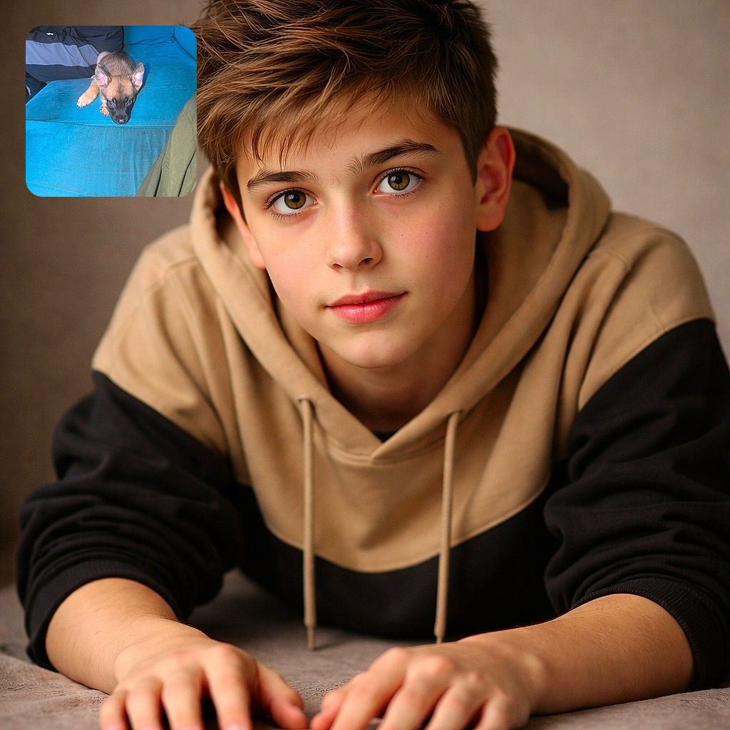 A curious puppy with big ears and bright eyes lies on a slightly worn blue couch, looking intently at the camera, while the background shows part of a person in casual clothes.