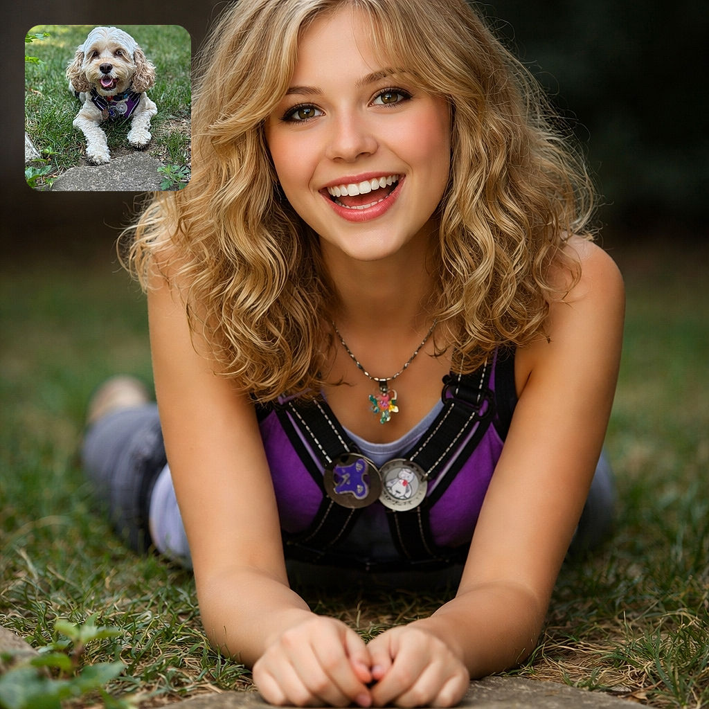 A fluffy, curly-haired dog lounges on the grass like a tiny woodland monarch — tongue out, eyes bright, wearing a harness with tags, framed by a soft bokeh lawn background. This pupper looks ready for treats, walks, and unlimited belly rubs.