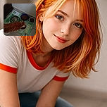 An orange and white cat is hunched over a bowl, happily munching away on some food. The scene is set on a tiled floor with a few bowls of food and water placed on a green mat near a wall and a piece of furniture.