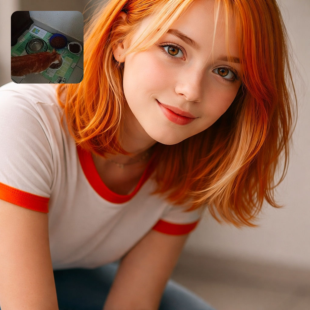 An orange and white cat is hunched over a bowl, happily munching away on some food. The scene is set on a tiled floor with a few bowls of food and water placed on a green mat near a wall and a piece of furniture.