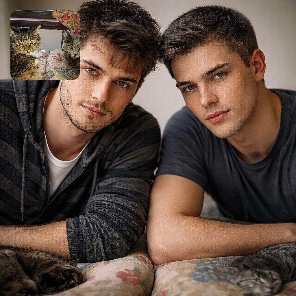 Two unimpressed cats loafing on matching floral cushions beneath a window — the left tabby delivers a withering side-eye while the grey cat stares like a tiny, dignified professor. Sunlight brings out their whiskers and coat textures; curtains and cushions provide a cozy, slightly vintage living-room backdrop. They look ready to grade your life choices on a curve.
