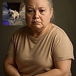 A curious French Bulldog puppy sitting on a patterned carpet near a wooden coffee table, looking up with big soulful eyes, while a person wearing purple pants is partially visible in the corner.