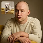A charming white dog with a black spot near its nose lounges comfortably on a textured yellow blanket draped over a couch, looking calm and relaxed against a plain beige wall.