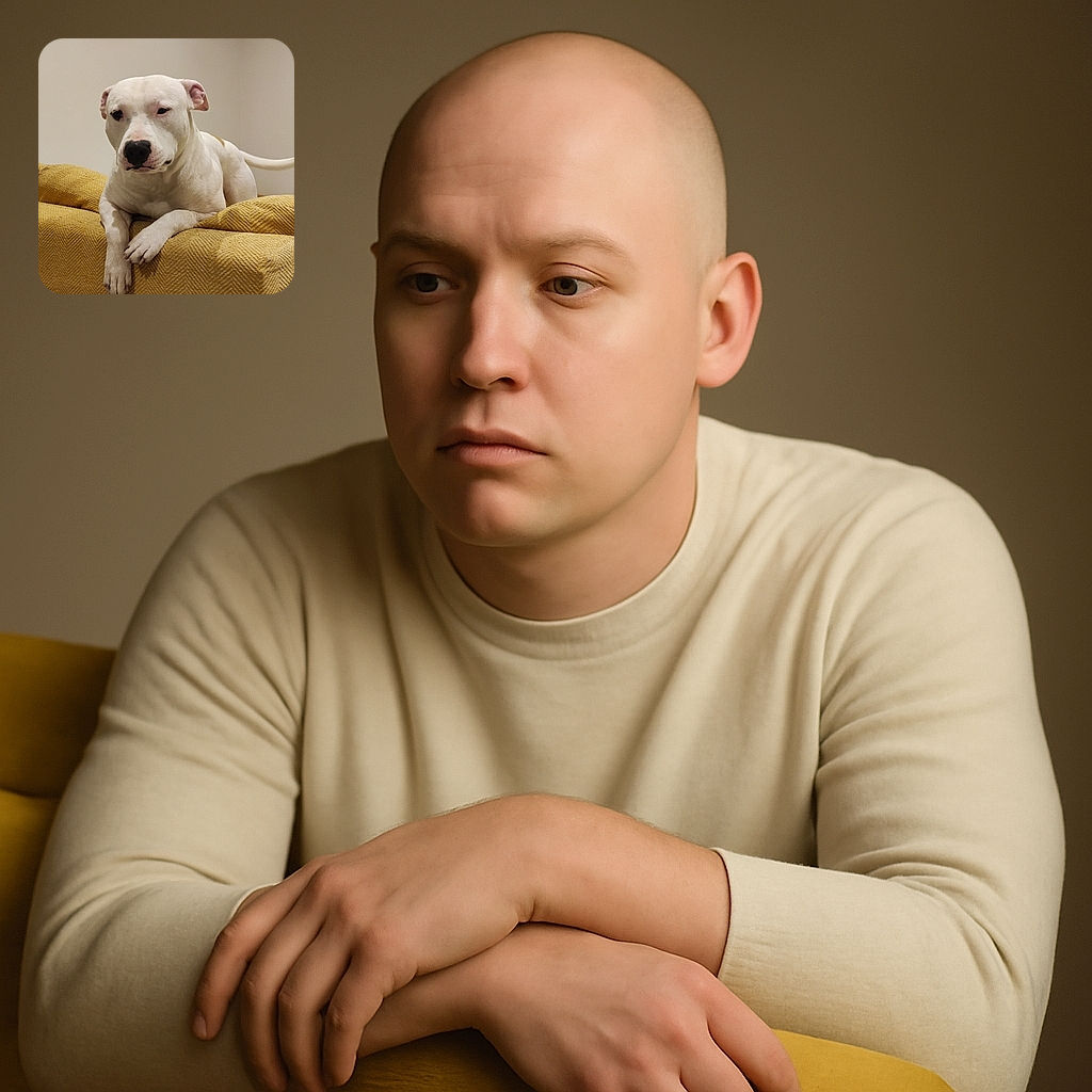 A charming white dog with a black spot near its nose lounges comfortably on a textured yellow blanket draped over a couch, looking calm and relaxed against a plain beige wall.