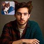 A fluffy brown and white dog lounges comfortably on a plush blue bed, surrounded by colorful pillows and a cozy blanket with polka dots, looking attentively at the camera with bright, curious eyes.