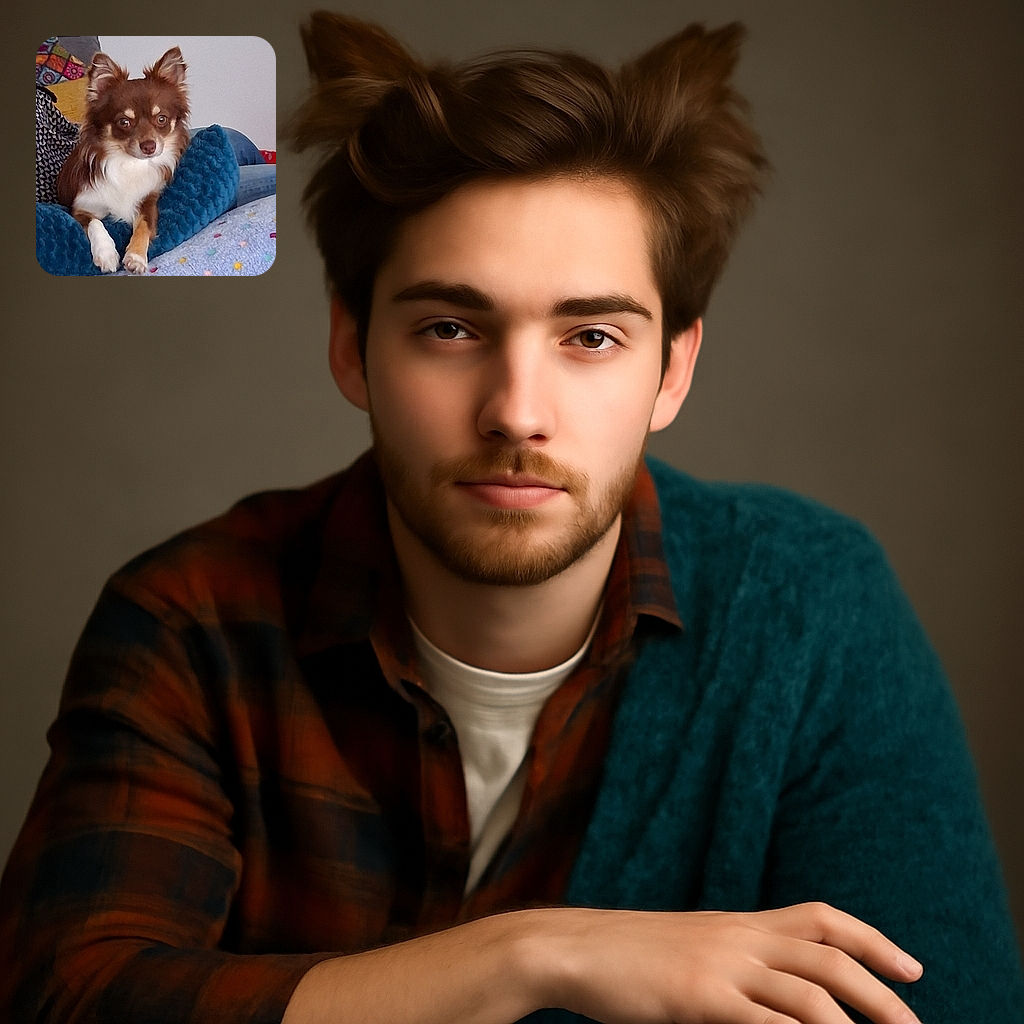 A fluffy brown and white dog lounges comfortably on a plush blue bed, surrounded by colorful pillows and a cozy blanket with polka dots, looking attentively at the camera with bright, curious eyes.