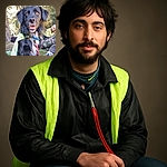 A happy black dog wearing a neon vest sits outdoors on grass, looking directly at the camera with a joyful expression. In the background, a person is lounging on the ground, talking on the phone, surrounded by trees and natural scenery. The dog's bright eyes and open mouth give off a friendly vibe, while the casual setting suggests a relaxed day outside.