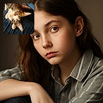A blurry close-up shot of a curious cat with striking yellow eyes, lying on a blue surface with a wooden box in the background, as if the cat decided to photobomb the perfect picture but forgot to stay still.