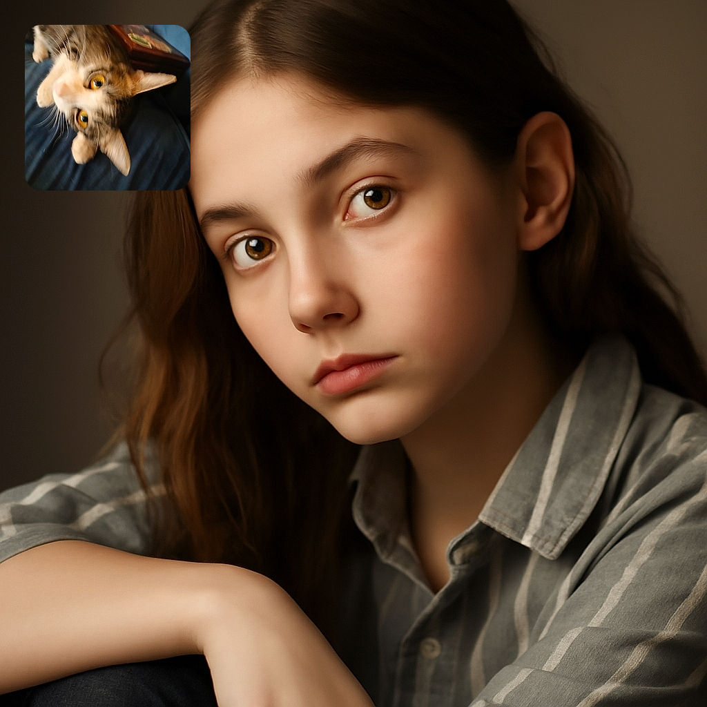 A blurry close-up shot of a curious cat with striking yellow eyes, lying on a blue surface with a wooden box in the background, as if the cat decided to photobomb the perfect picture but forgot to stay still.