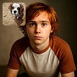 A blurry close-up photo of a small dog looking up with big eyes, standing on a rough concrete floor with some scattered objects and a pair of feet in sandals visible at the bottom.