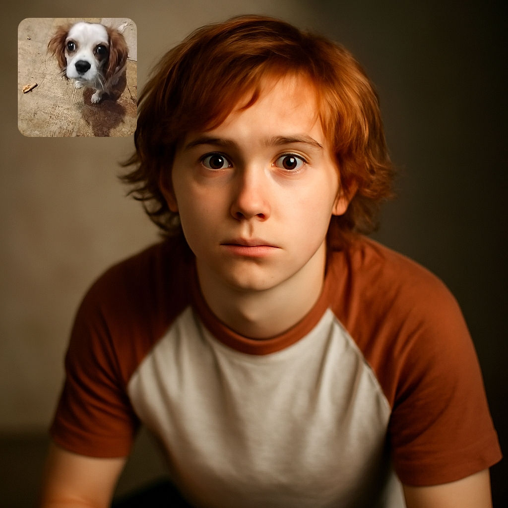 A blurry close-up photo of a small dog looking up with big eyes, standing on a rough concrete floor with some scattered objects and a pair of feet in sandals visible at the bottom.