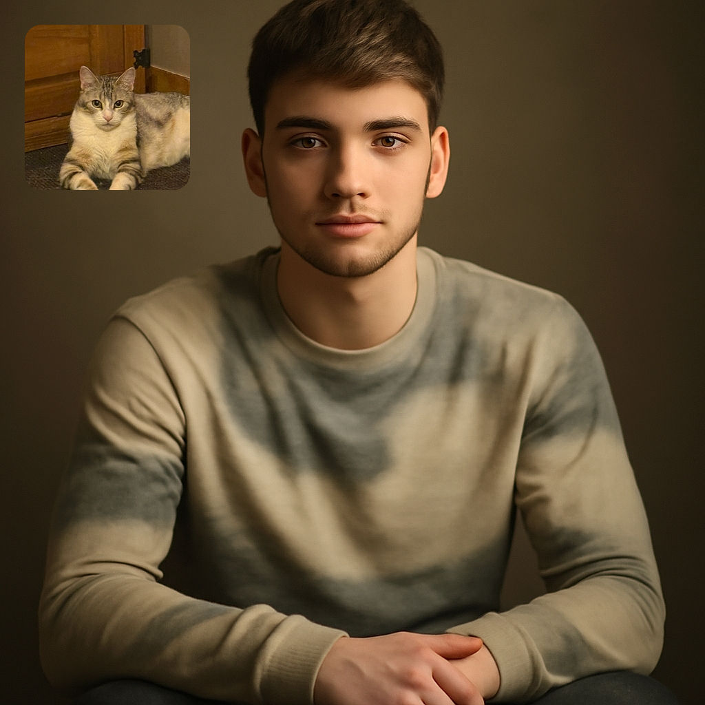 A serene cat lounges comfortably on a carpeted floor, framed by warm wooden furniture and a neutral wall, gazing calmly with a poised and slightly regal demeanor.