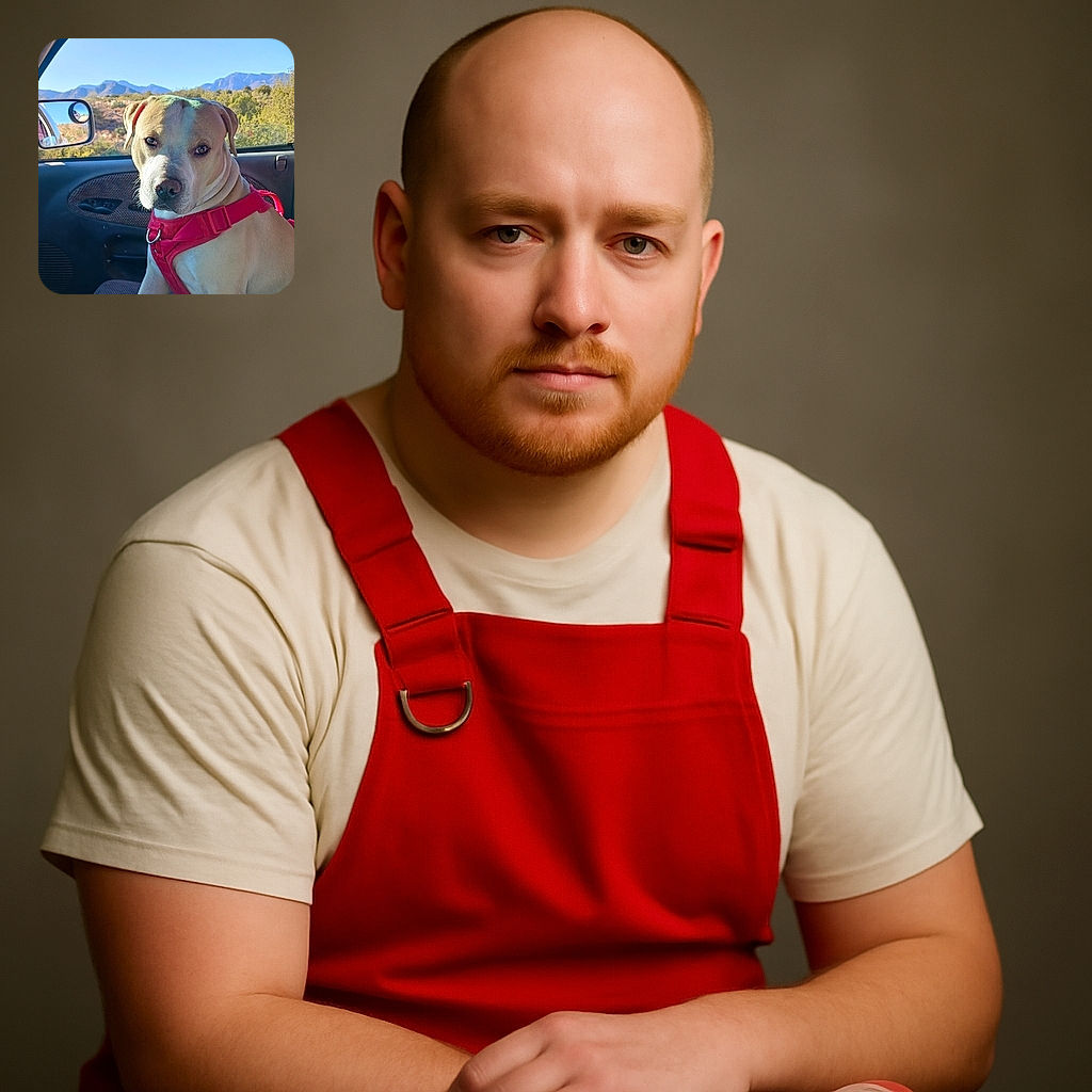A charming dog wearing a bright red harness sits patiently in the passenger seat of a car, gazing thoughtfully at the camera. The window reveals a scenic backdrop of mountains and greenery under a clear blue sky, adding a serene outdoor vibe to this cozy car moment.
