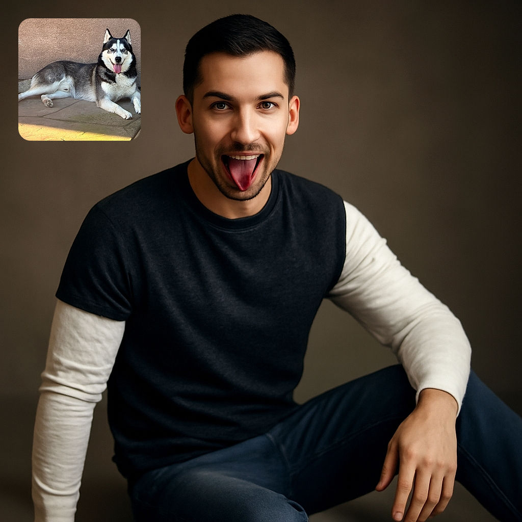 A majestic husky lounges comfortably on a sunlit concrete floor against a textured wall, tongue out and eyes sparkling with playful charm, looking like it just finished a fun outdoor adventure.