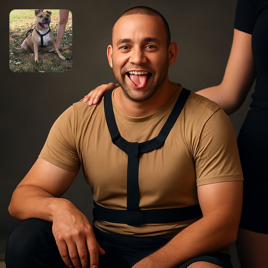 A happy dog with a black harness sits on a grassy patch covered with dry leaves, tongue out, looking content. A person's legs stand behind the dog, suggesting companionship and an outdoor walk on a sunny day.
