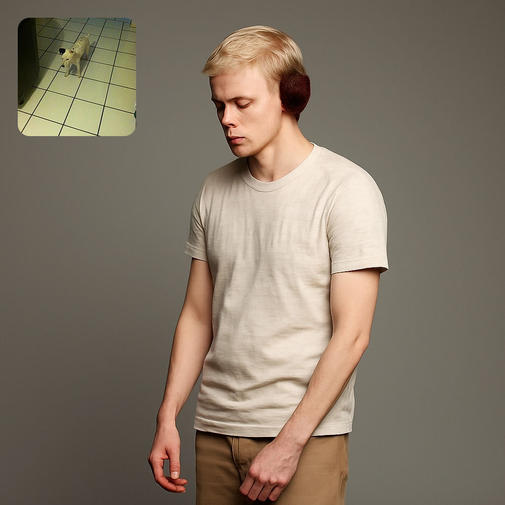 A small white dog with black spots stands on a tiled floor in a dimly lit room, looking slightly away from the camera as if pondering the mysteries of indoor life.
