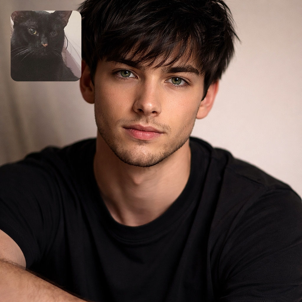 A close-up of a dignified black cat giving the camera a slow, unimpressed stare — whiskers on full display, a tiny heart-shaped nose, and ears standing at attention against a plain wall background. The lighting is soft but a bit grainy, making this feline look like a mysterious midnight philosopher.