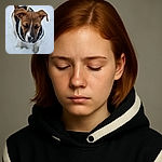 A cute puppy with a brown and white face, wearing a black and gray jacket, stands in the snow with its eyes closed and a little snow on its nose, looking like it's braving the chilly weather with a brave heart.