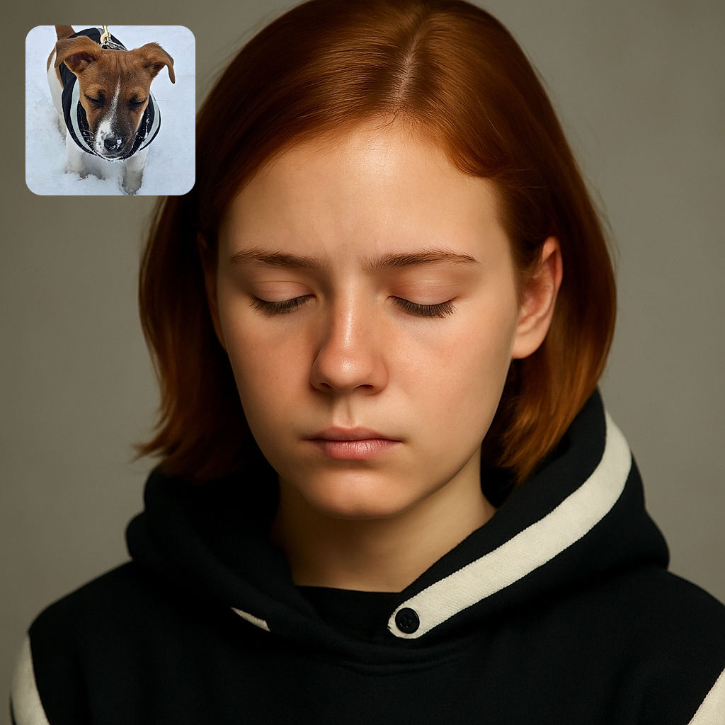 A cute puppy with a brown and white face, wearing a black and gray jacket, stands in the snow with its eyes closed and a little snow on its nose, looking like it's braving the chilly weather with a brave heart.