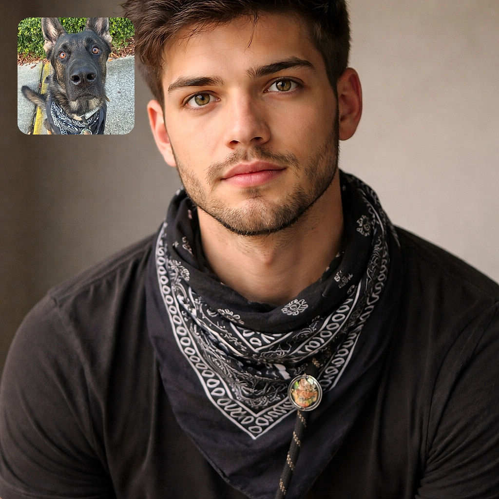 An eager, nosy pup stares straight into the camera with Sherlock-level curiosity, ears at attention and a stylish bandana flapping like a tiny superhero cape — nose so close it could have its own Instagram filter.