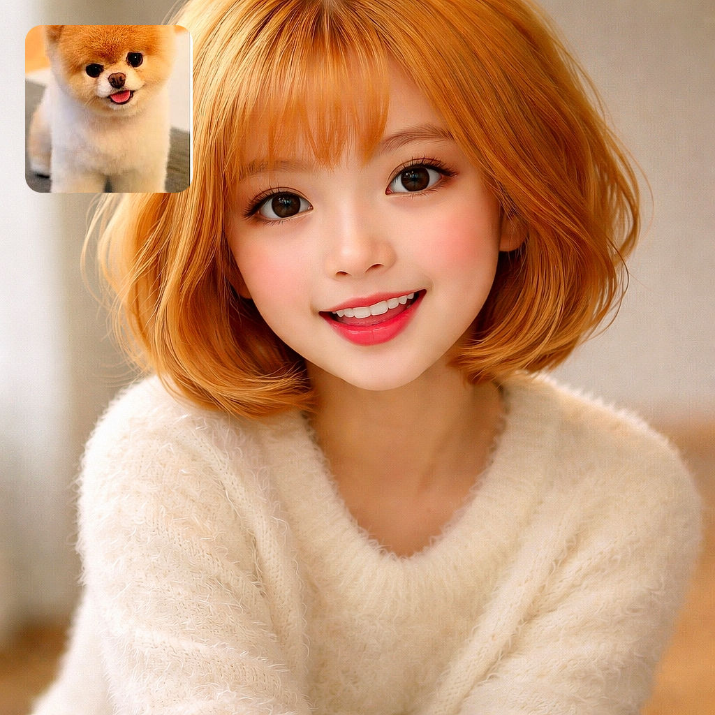 A fluffy, adorable Pomeranian dog with a perfectly groomed teddy bear cut, looking up with big, shiny eyes and a tiny tongue sticking out, standing on a carpet with a cozy, warm background.