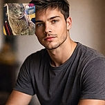 A close-up photo of a gray cat with striking yellow-green eyes looking off to the side, sitting indoors with a softly blurred background filled with colorful objects and furniture.
