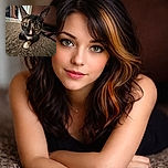 A close-up shot of a curious tortoiseshell cat with large ears and wide eyes lying on a textured carpet, with a cozy indoor background featuring wooden cabinets and a fire extinguisher.
