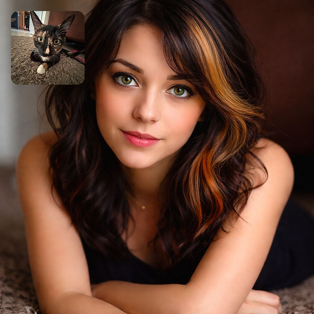 A close-up shot of a curious tortoiseshell cat with large ears and wide eyes lying on a textured carpet, with a cozy indoor background featuring wooden cabinets and a fire extinguisher.
