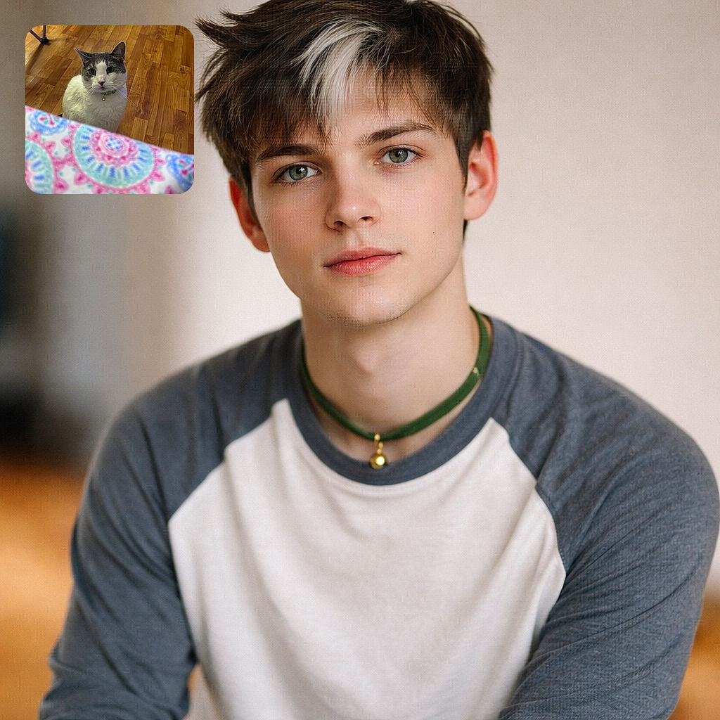 A curious cat with a green collar and bell sits on a wooden floor, staring intently just over a colorful, patterned surface in the foreground. The warm lighting highlights the cat's white and gray fur, creating a cozy indoor scene.