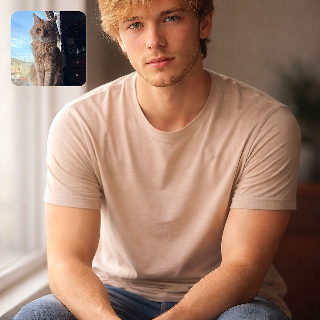 A dignified ginger floof perched on the windowsill like it owns both the view and your soul — whiskers on alert, green eyes judging the neighborhood, and fluff arranged for maximum aristocratic effect. Outside: tiny houses and sky. Inside: cozy shadows and a suspiciously comfortable human.