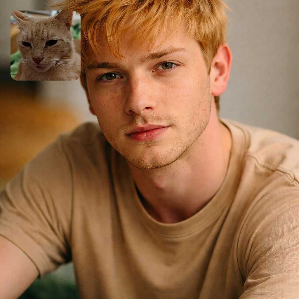 A close-up photo of a light brown cat with soft fur and expressive eyes, looking contemplative. The background is blurred, drawing attention to the cat's detailed face and whiskers.