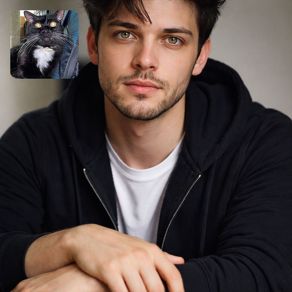 A startled tuxedo cat stares into the void with glowing eyes and whiskers like a shiny white fan, perched against a backpack — regal, dramatic, and convinced it owns the sofa (and your soul).