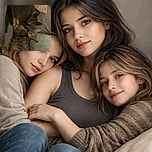 Three cozy cats piled up on a couch, sharing a lazy cuddle session with sleepy eyes and soft fur blending into the comfy cushions.