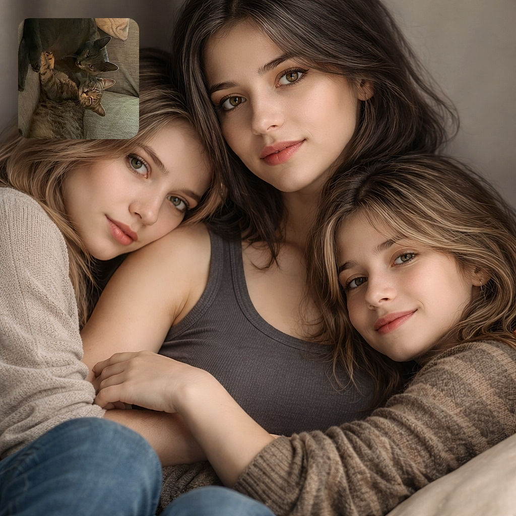 Three cozy cats piled up on a couch, sharing a lazy cuddle session with sleepy eyes and soft fur blending into the comfy cushions.