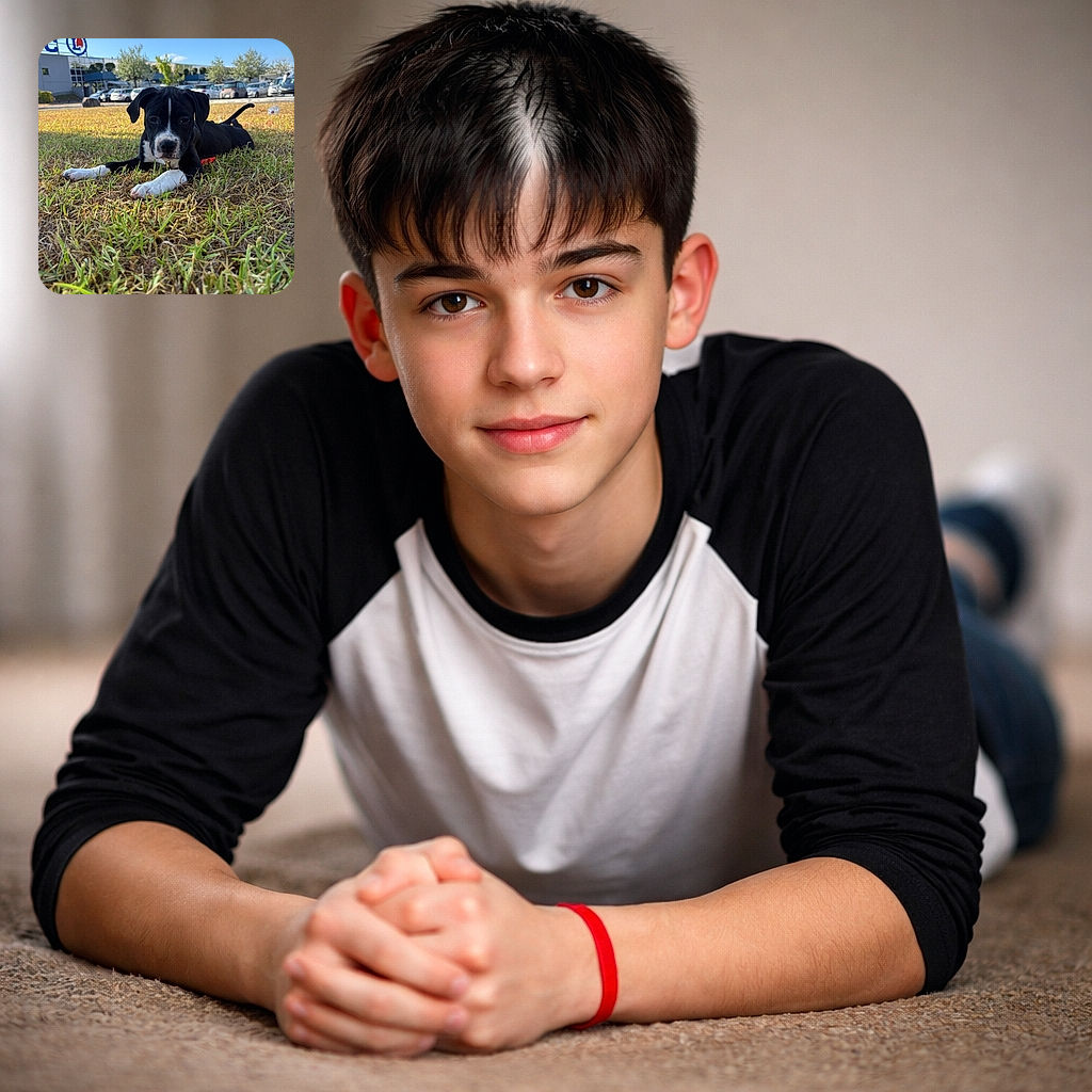 A charming black and white puppy lies stretched out on a grassy patch, basking in the sunlight with a curious and calm expression. The background shows a parking lot and a building under a clear blue sky, giving the scene a peaceful suburban vibe.