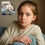 A fluffy kitten with sparkling blue eyes lounges comfortably on a soft, textured towel with a floral pillow nearby, looking curiously at the camera with a slightly tilted head.