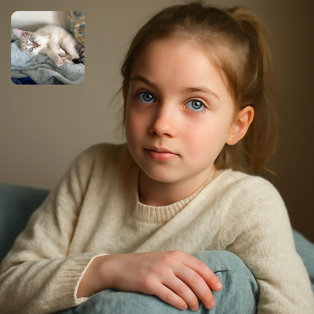 A fluffy kitten with sparkling blue eyes lounges comfortably on a soft, textured towel with a floral pillow nearby, looking curiously at the camera with a slightly tilted head.