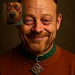A close-up portrait of a brown dog wearing a teal collar with a gold tag, looking like it just woke up from a long nap with droopy, red eyes and a goofy half-smile that screams 'I need coffee!'