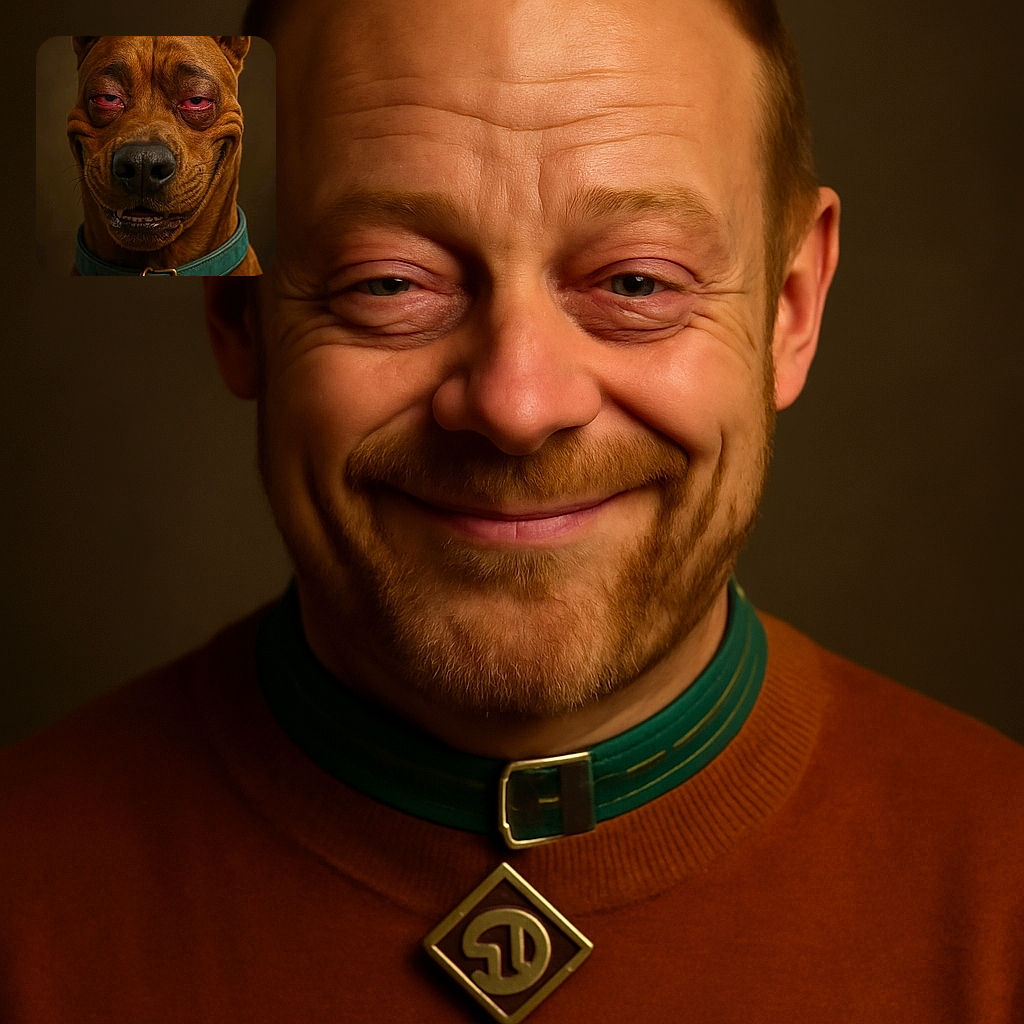 A close-up portrait of a brown dog wearing a teal collar with a gold tag, looking like it just woke up from a long nap with droopy, red eyes and a goofy half-smile that screams 'I need coffee!'