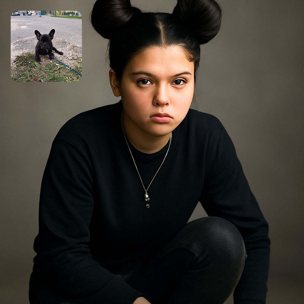 A serious-faced black French Bulldog puppy sits on a patch of dirt and grass on a quiet street with a colorful mural in the background, looking ready for its next adventure on a blue leash.