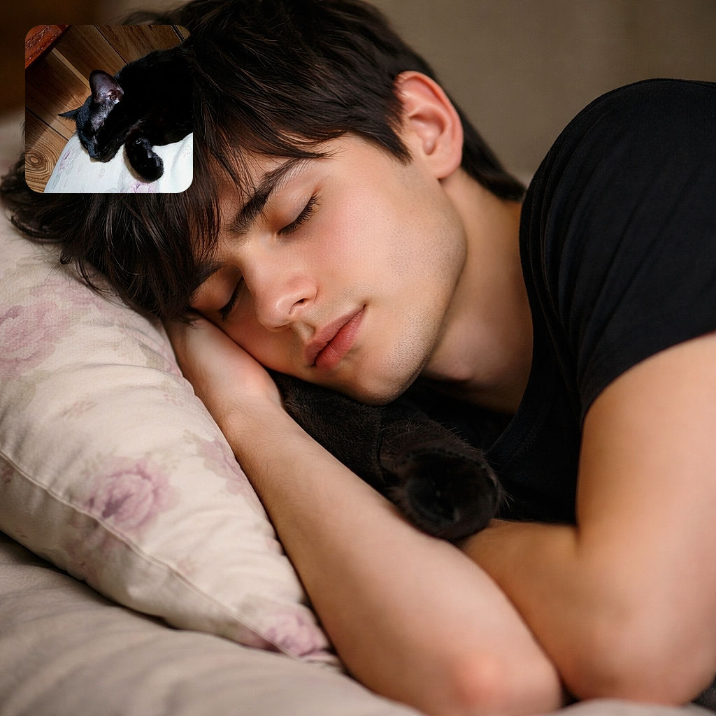 A black cat is curled up in a sunlit nap, nose tucked into a paw on a floral cushion next to warm wooden floorboards — blissfully ignoring the world and judging you with elegant indifference in its sleep.