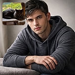 A plush gray cat lounges comfortably on a beige cat tree by a window, gazing intently with bright yellow eyes. The background showcases a sunny outdoor scene with green trees and rooftops, contrasting with the cozy indoor setting.