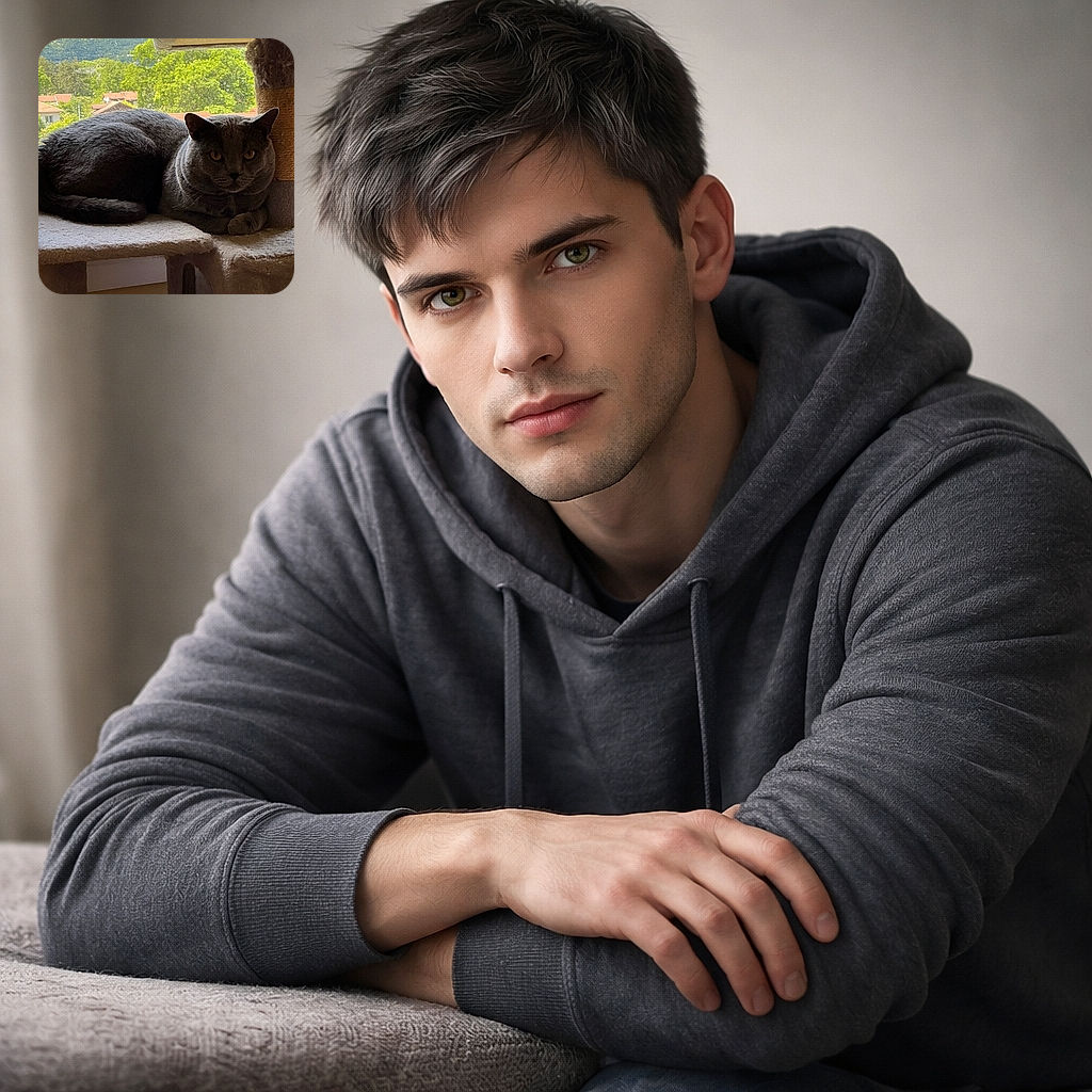 A plush gray cat lounges comfortably on a beige cat tree by a window, gazing intently with bright yellow eyes. The background showcases a sunny outdoor scene with green trees and rooftops, contrasting with the cozy indoor setting.