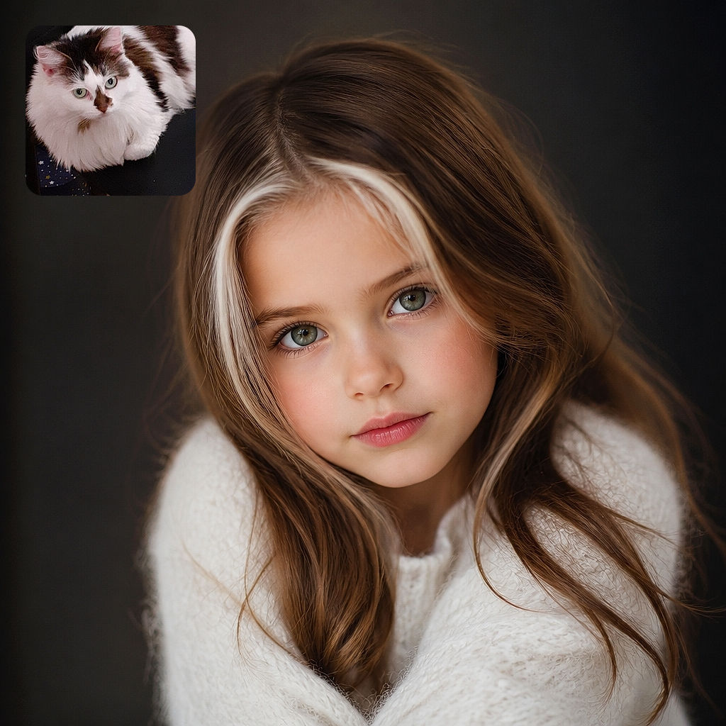 A fluffy white-and-brown cat stares into the camera with the intense focus of a tiny detective, perched on a starry surface while looking ready to solve the mystery of who moved the treats.