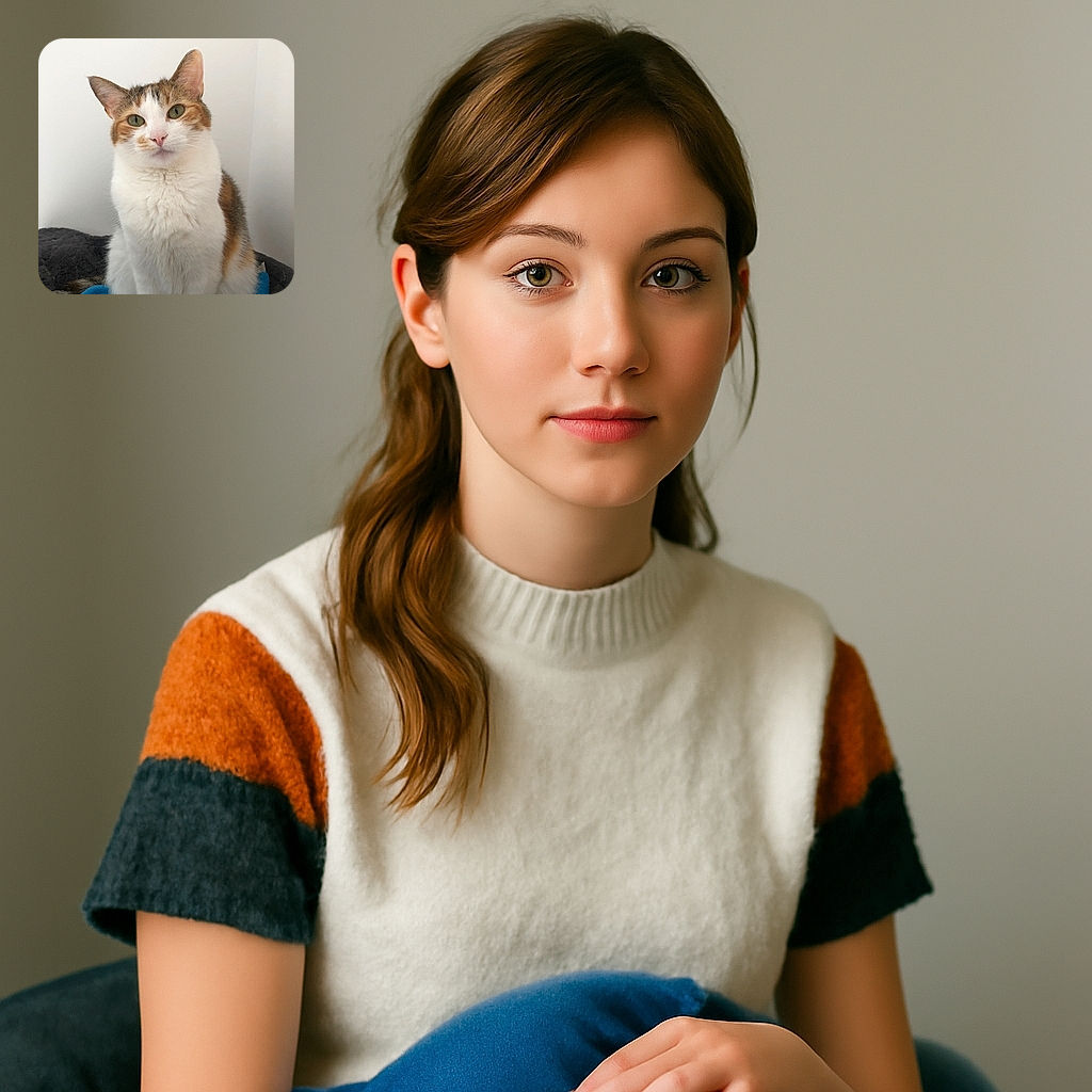 A charming calico cat sits upright on a cozy blue and dark blanket, gazing curiously with its green eyes against a plain white wall background, radiating calm and fluffy elegance.