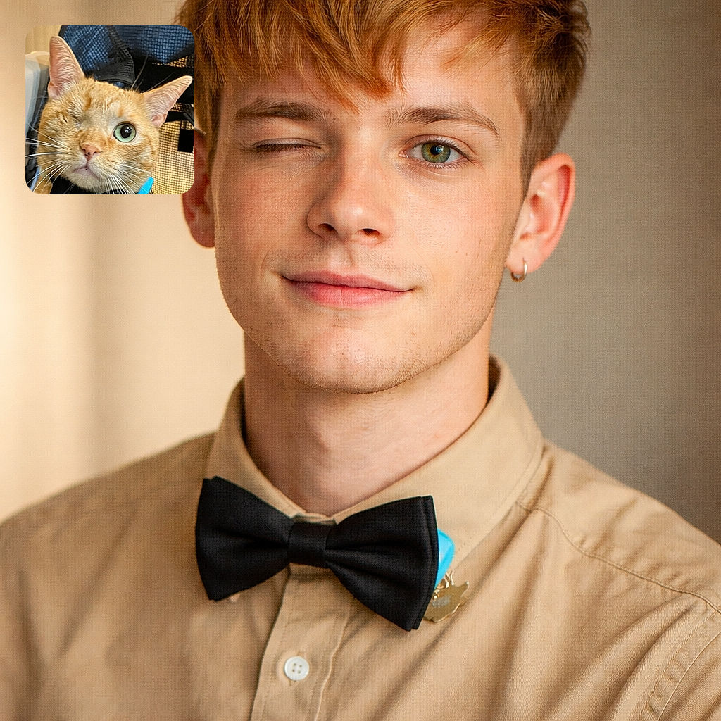 A dapper one-eyed ginger cat wearing a bow tie and a blue collar, staring like it owns the place — equal parts regal and mischievous.
