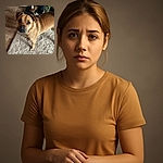 A charming tan dog with soulful eyes stands on a fluffy beige rug, looking up with a mix of curiosity and affection. The wooden floor and decorative items in the background add a cozy home vibe.