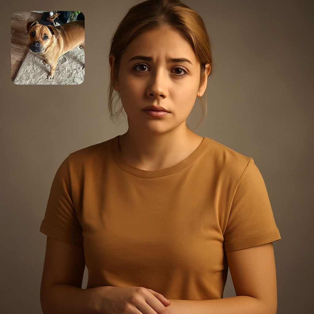 A charming tan dog with soulful eyes stands on a fluffy beige rug, looking up with a mix of curiosity and affection. The wooden floor and decorative items in the background add a cozy home vibe.