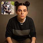 A sturdy French Bulldog basks in the sunlight on a stone surface with a backdrop of wildflowers and greenery, looking curiously at the camera with its large ears perked up.