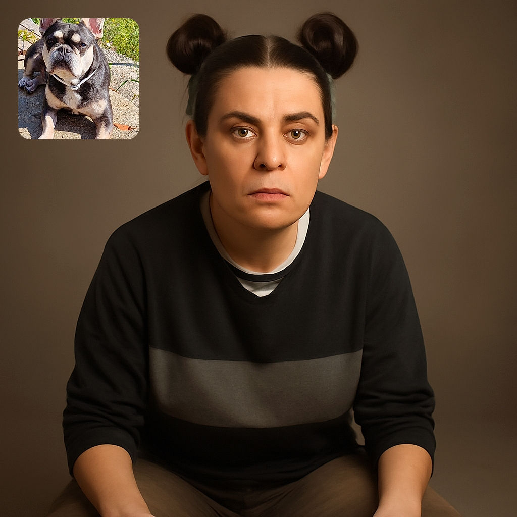 A sturdy French Bulldog basks in the sunlight on a stone surface with a backdrop of wildflowers and greenery, looking curiously at the camera with its large ears perked up.
